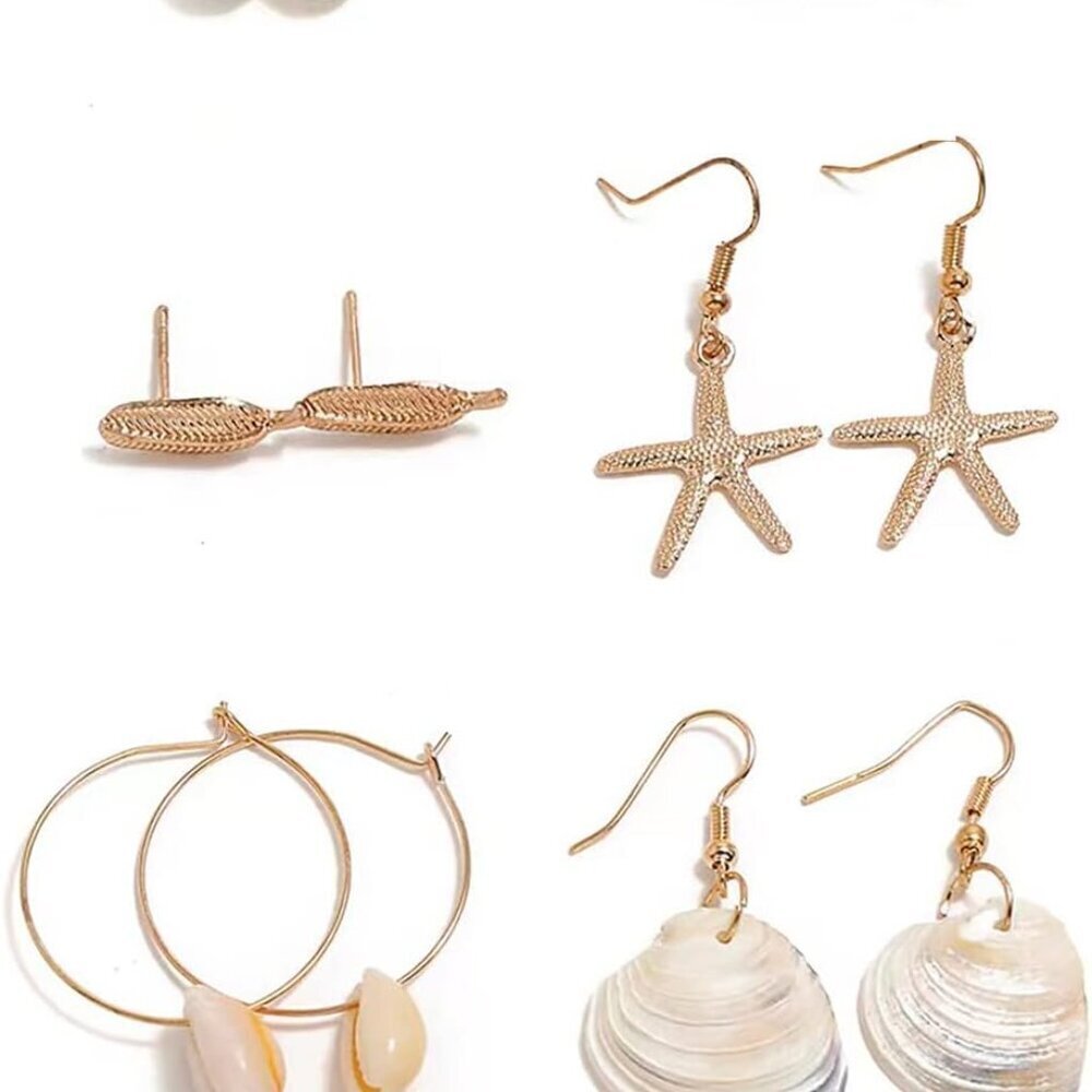 Gold Summer Beach Earrings Set - 6PC Bohemian Shell Starfish Dangle & Pearl Stud